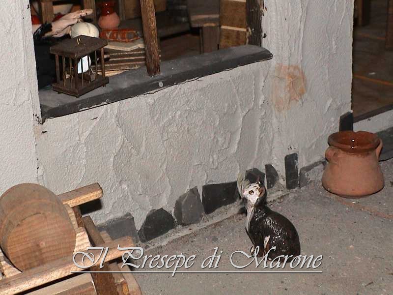 Dsc00098.jpg - Particolare della casa contadina: il gatto, non ancora sazio, guarda con interesse l'uccellino nella gabbia. Notare la piuma che stringe nella bocca, segno che ne ha appena pappato uno.